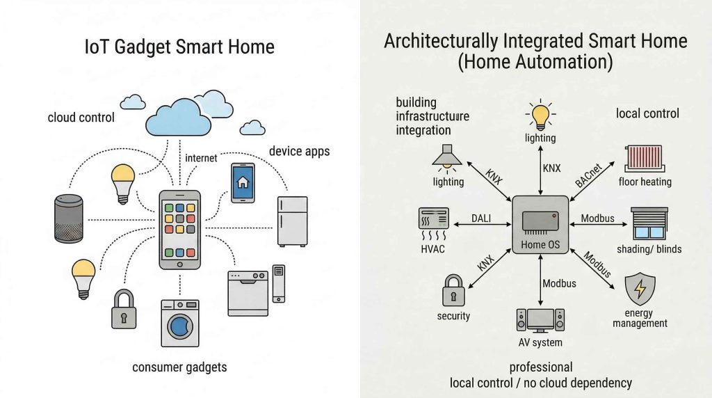 IoTスマートホームと建築統合型スマートホームの違い Home OSと建築プロトコルによる住宅設備統合構造