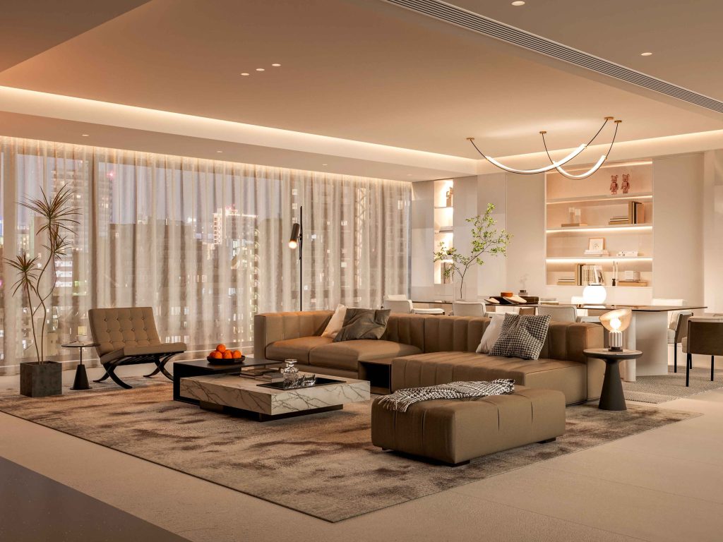 Luxury living and dining area with warm lighting, large shades, and a refined interior design