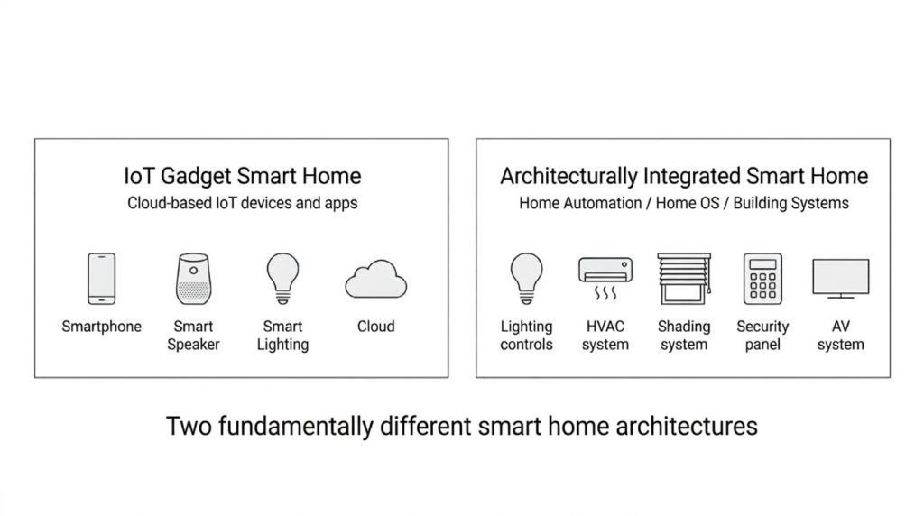IoTガジェット型スマートホームと建築統合型スマートホームの構造比較図