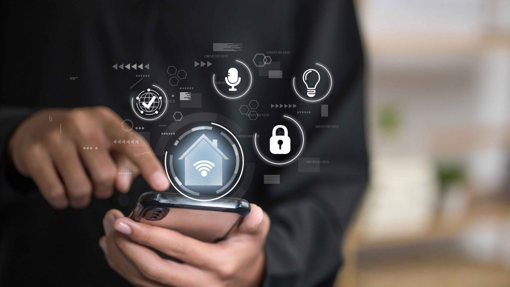 Smart home control interface on a smartphone with icons for lighting, voice, and security