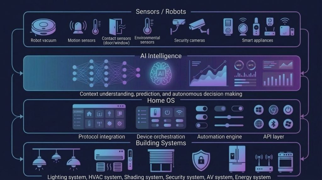 AIスマートホームのシステム構造。センサー・ロボット・AI・Home OS・住宅設備の統合プラットフォーム
