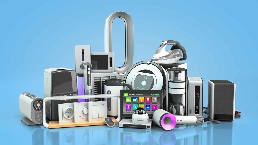 Collection of connected smart home devices and appliances on a blue background