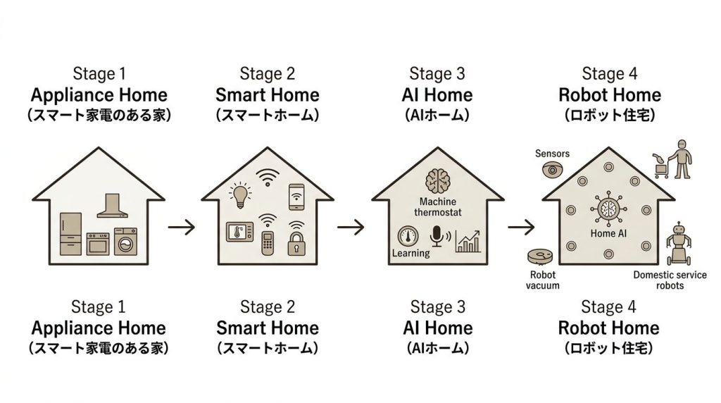 smart home evolution appliance home smart home AI home robot home residential technology diagram