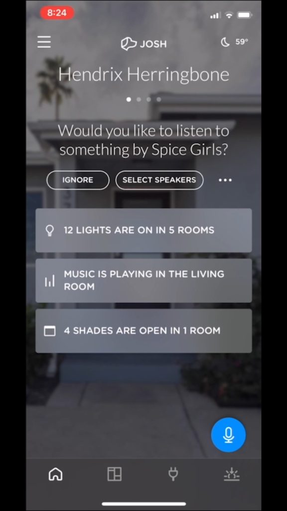 Josh app home screen showing the status of lights, music, and shades