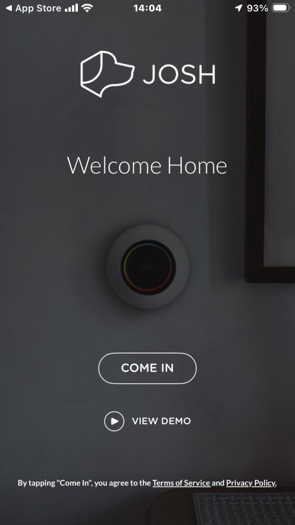 Josh app welcome screen with a smart home device mounted on the wall