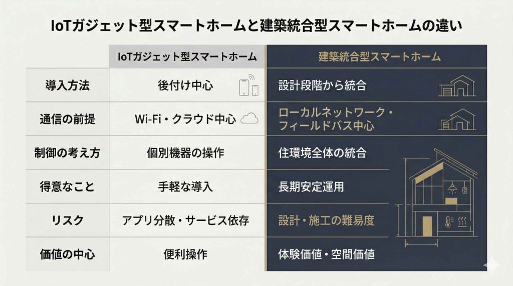 Infographic comparing IoT gadget-based smart homes and architecturally integrated smart homes