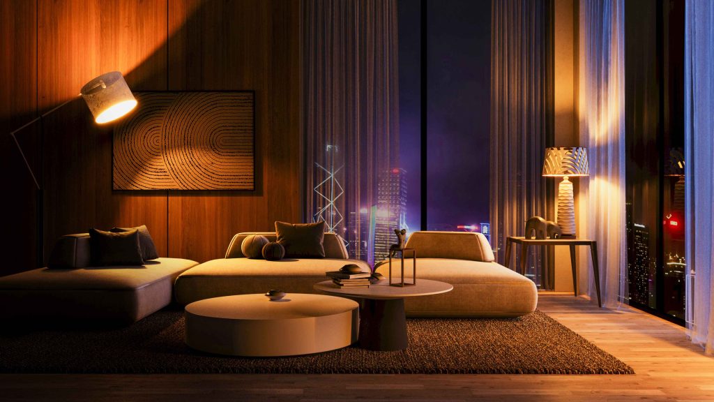 Luxury living room at night with warm ambient lighting and city view