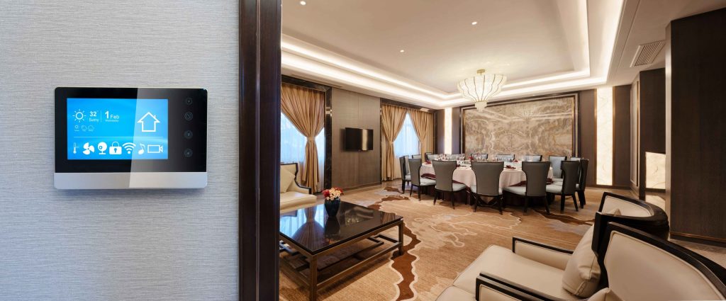 Luxury smart home control panel in an integrated residential interior