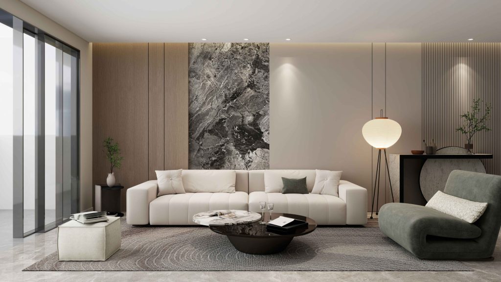 Contemporary luxury living room with large glazed opening and integrated spatial calm