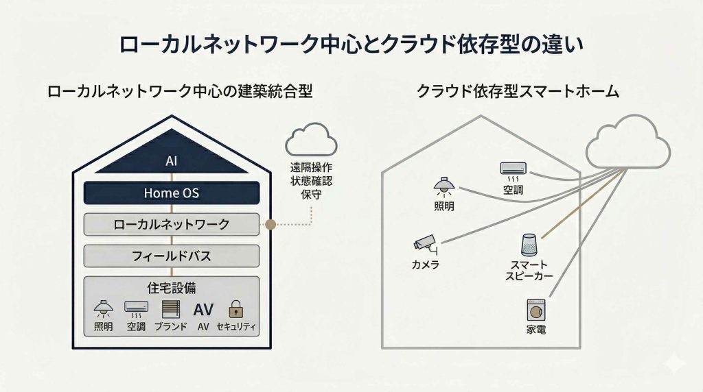 Comparison diagram of locally controlled integrated smart homes and cloud-dependent smart homes