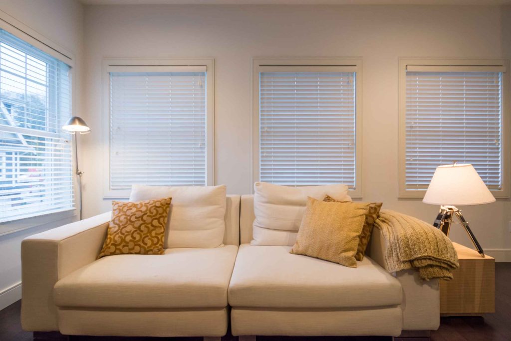 Living room with multiple windows and blinds treated as ordinary interior elements