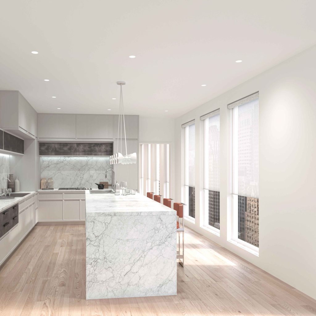 Bright contemporary kitchen with marble island and roller shades on tall windows