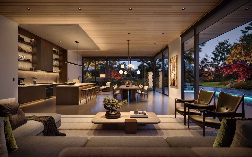 Warm modern open-plan living and dining room at evening
