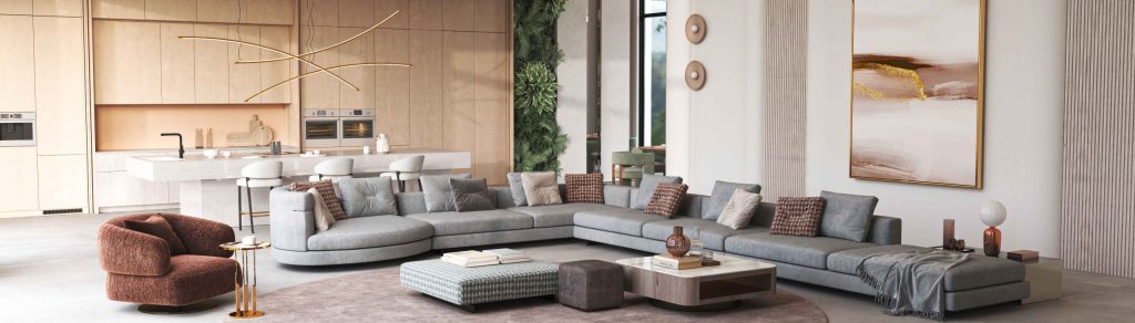 Luxury open-plan living room connected to a kitchen in a contemporary residence