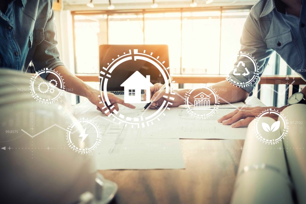 Smart home planning concept with residential technology icons over architectural drawings