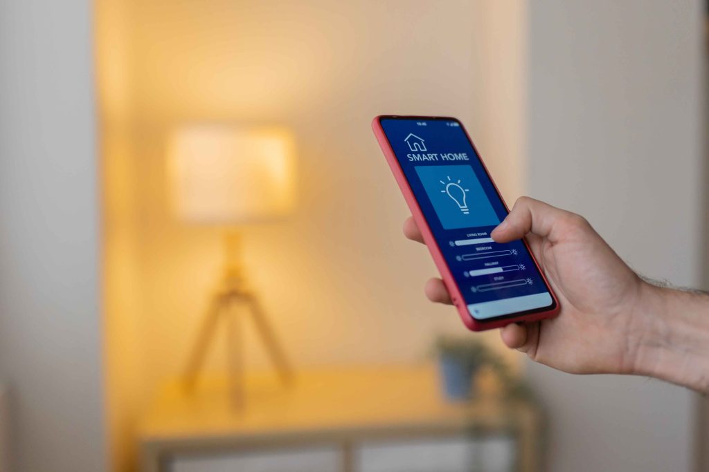 Smartphone app controlling smart home lighting in a residential interior