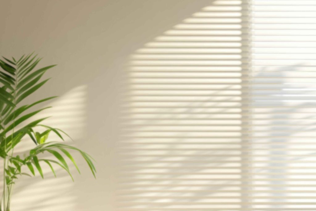 Soft shadows from window blinds cast across a wall by daylight