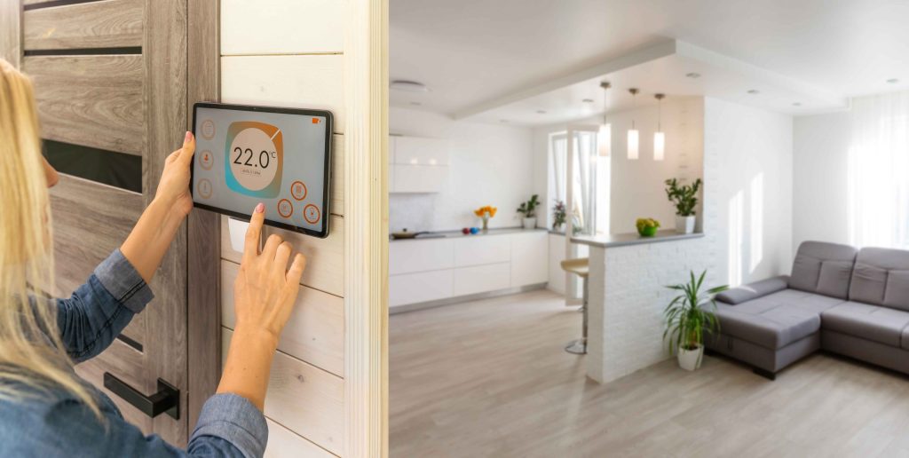 Wall mounted smart home control panel managing indoor temperature and residential systems