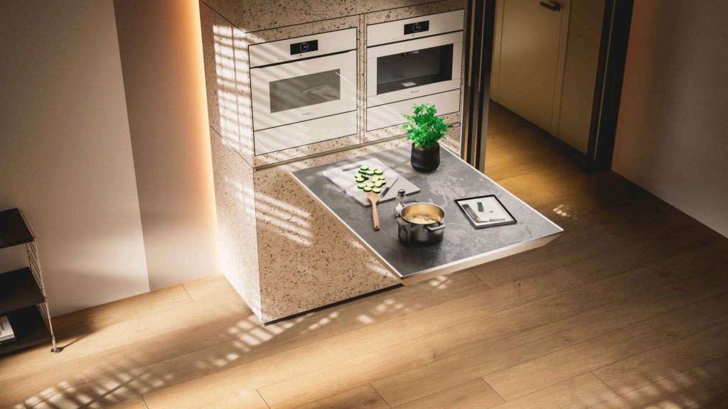 ビルトイン家電とワークトップを備えたMiele Compact Livingのクッキングモード