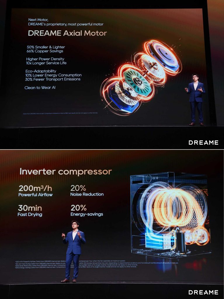 DREAME NEXT 2026でDreame Axial Motorとインバーターコンプレッサー技術を紹介するプレゼンテーション