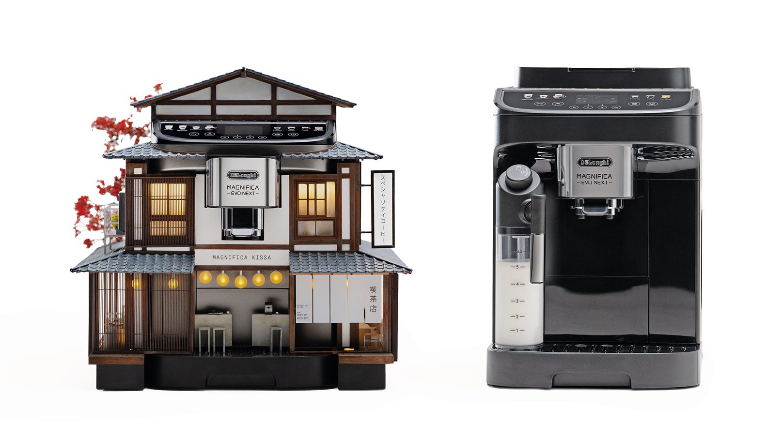 デロンギの全自動コーヒーマシン「Magnifica Evo Next」と、東京の喫茶店をモチーフにしたミニチュアアート