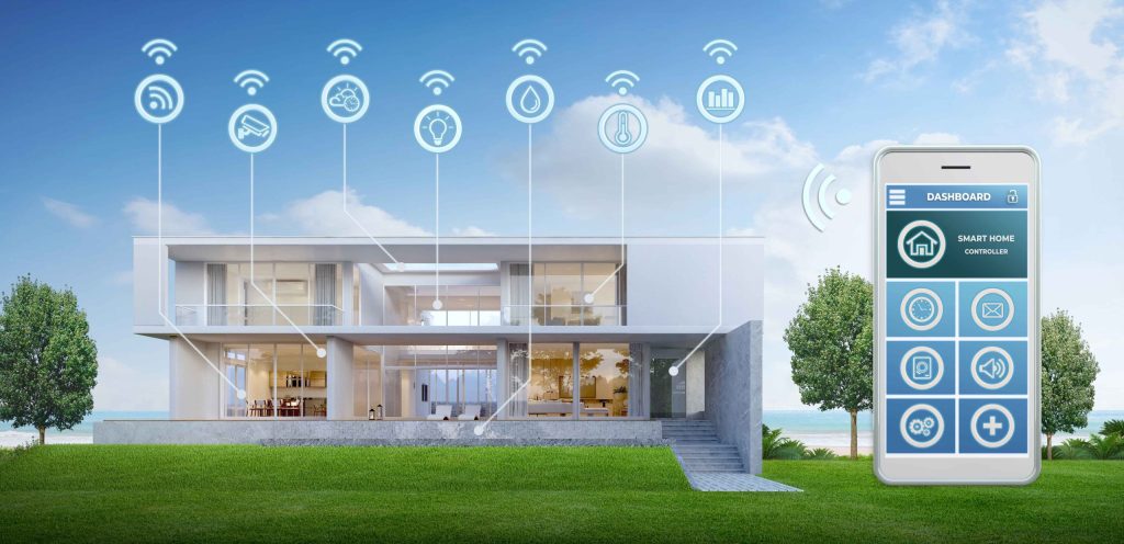 現代住宅とスマートホームダッシュボード。Google HomeやGemini for Homeが示すAI住宅運用基盤のイメージ