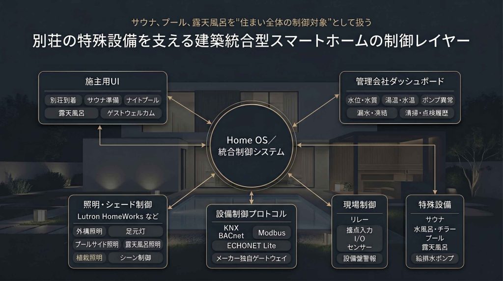 別荘のサウナ、プール、露天風呂を支える建築統合型スマートホームの制御レイヤー図
