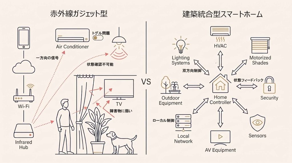 赤外線ガジェット型スマートホームと建築統合型スマートホームの違いを示す比較図