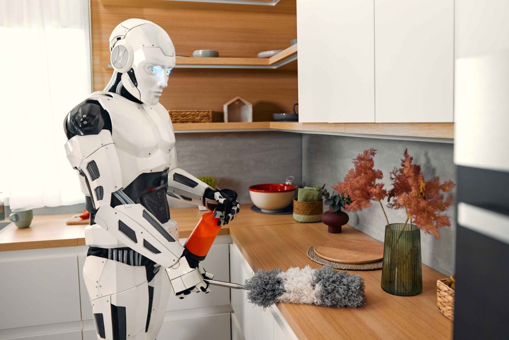 キッチンカウンターを清掃する人型ロボット