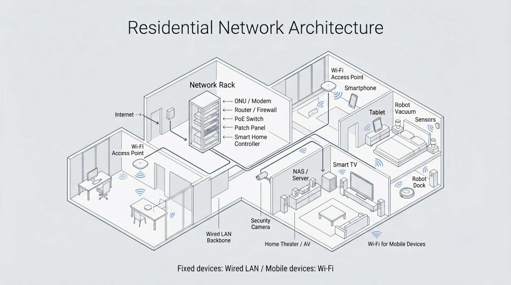 住宅ネットワークの構成図。ネットワークラック、ONU、ルーター、PoEスイッチ、アクセスポイント、有線LAN、Wi-Fi機器の関係を示している