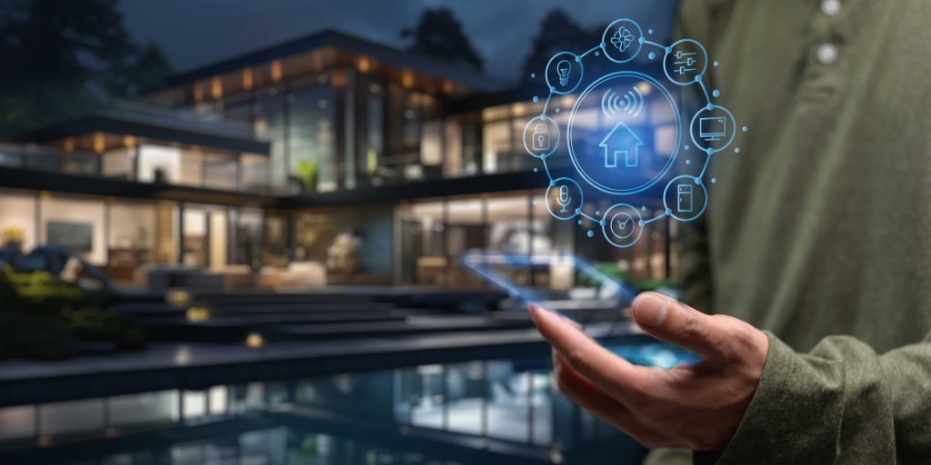 高級住宅を背景にスマートホームの制御アイコンが表示されたイメージ