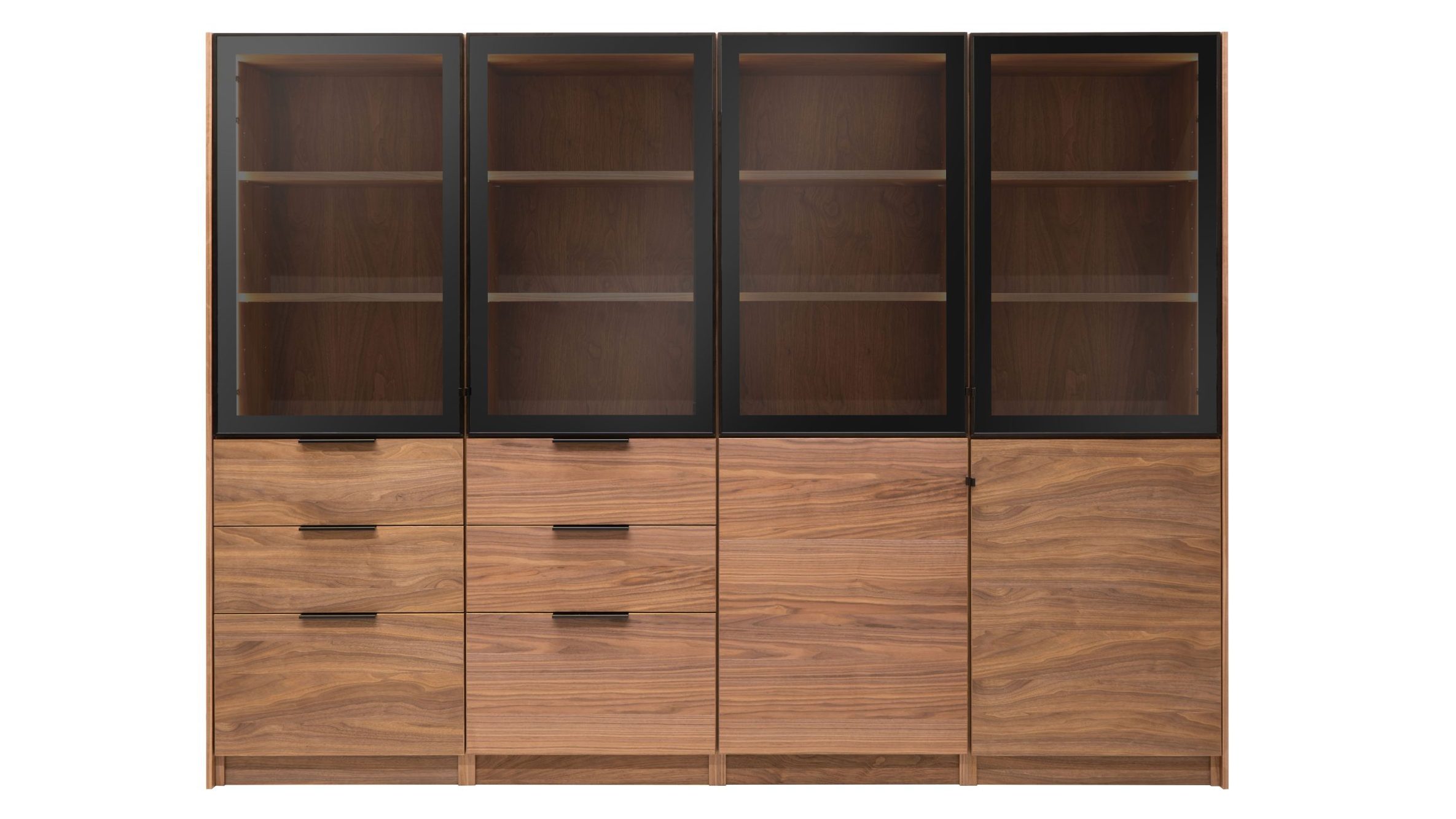 マスターウォール DIVA WALL CABINETの正面全体、ハーフミラーガラスと木製扉を備えた壁面収納