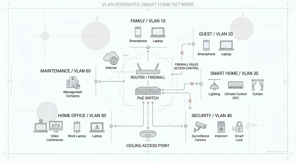 高級住宅のスマートホーム向けVLAN構成図。家族用、ゲスト用、スマートホーム用、セキュリティ用、ホームオフィス用、管理会社用ネットワークをVLANで分離し、Firewall Rulesでアクセス制御している。