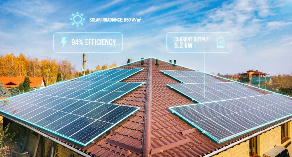 住宅の屋根に設置された太陽光パネルと発電効率を示すデジタル表示