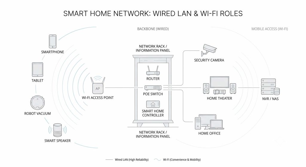 スマートホームにおける有線LANとWi-Fiの役割分担図。情報盤からアクセスポイント、監視カメラ、ホームシアター、ホームオフィス、NVR/NASを有線LANで接続し、スマートフォンやタブレットなどはWi-Fiで接続している。