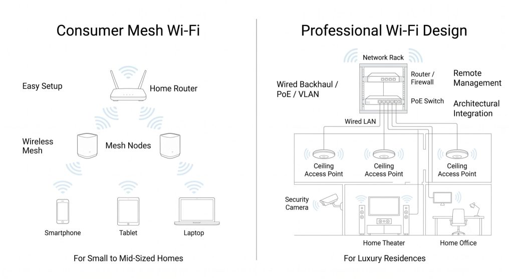 家庭用メッシュWi-Fiとプロ向けWi-Fi設計の違いを示す比較図。左側はホームルーターとメッシュノード、右側はネットワークラック、PoEスイッチ、天井アクセスポイント、有線バックホール、VLAN、遠隔管理を示している。