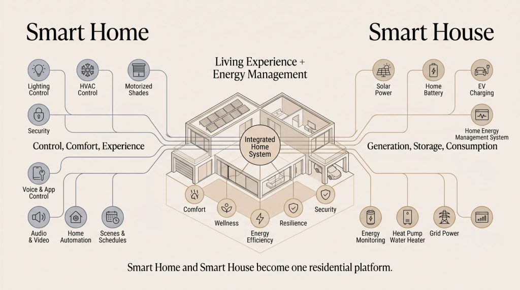 スマートホームとスマートハウスを統合住宅システムへ接続する概念図