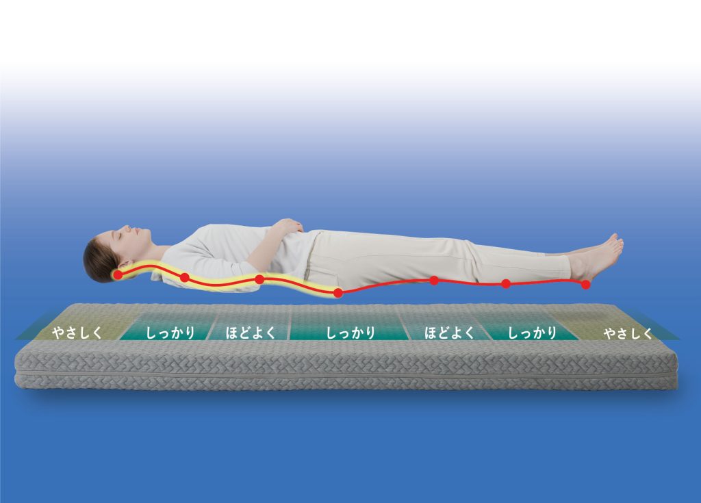 7ゾーンマットレスが仰向け寝のS字ラインを支えるイメージ