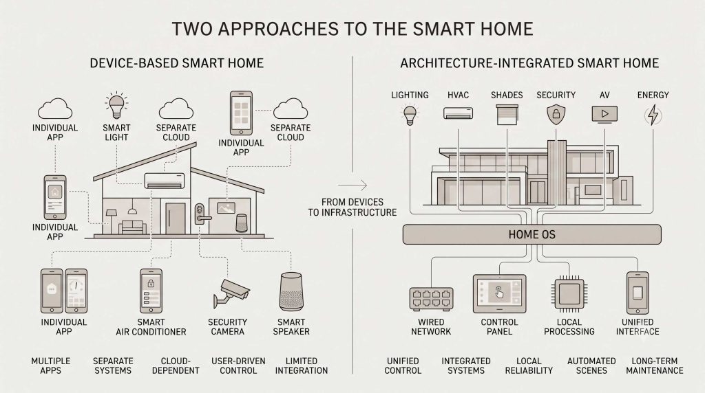 デバイス型スマートホームと建築統合型スマートホームのシステム構成比較図