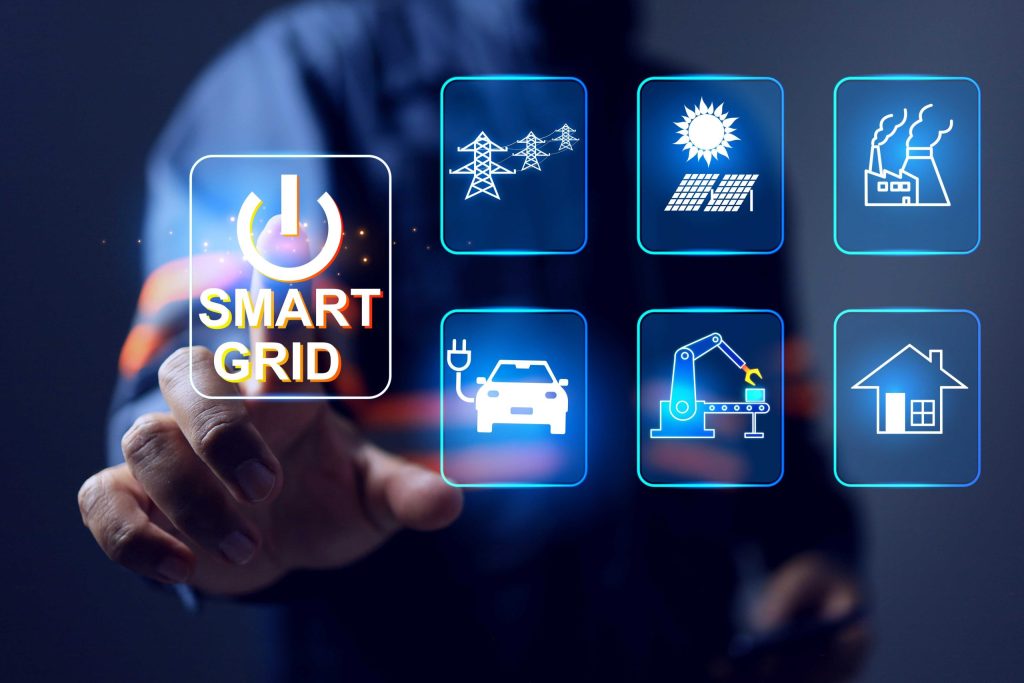 系統電力、太陽光発電、EV、住宅を連携させるスマートグリッドのイメージ