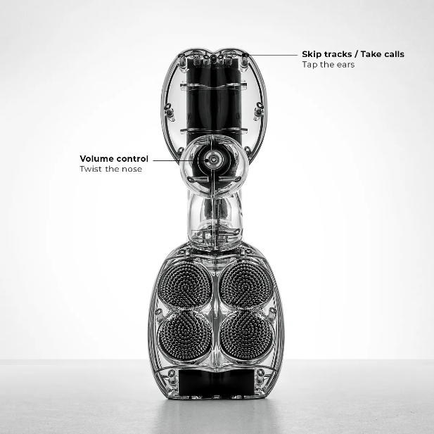 Balloon Dog Speakerの音量調整と曲送りを示した操作図