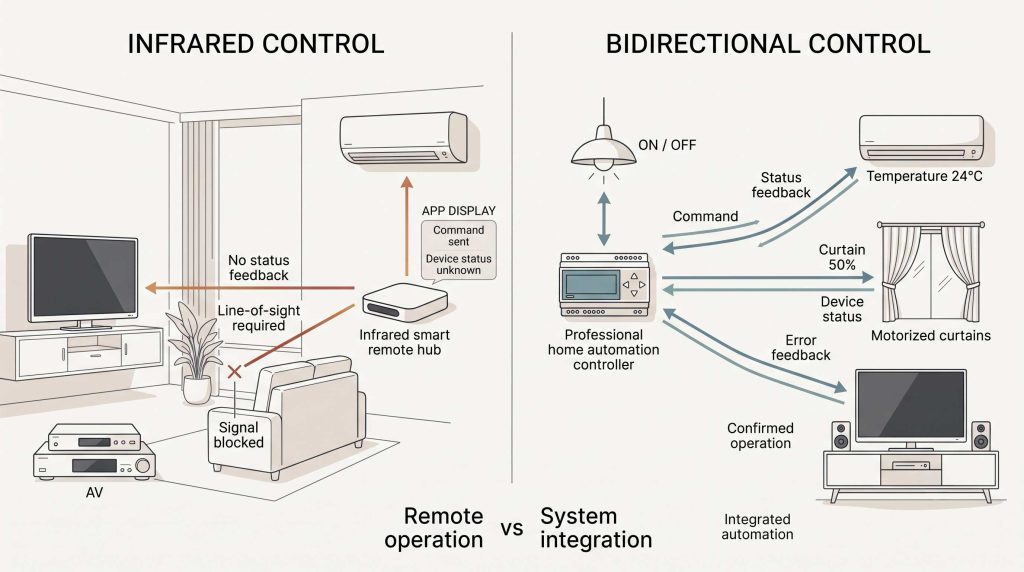 赤外線による一方向制御とスマートホームの双方向通信を比較した図