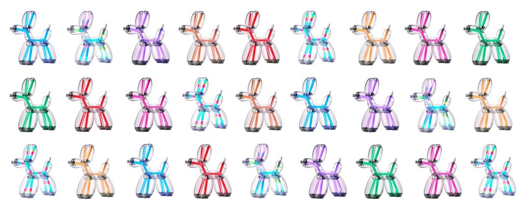 複数のBalloon Dog Lampを9色の光で同期させたイメージ