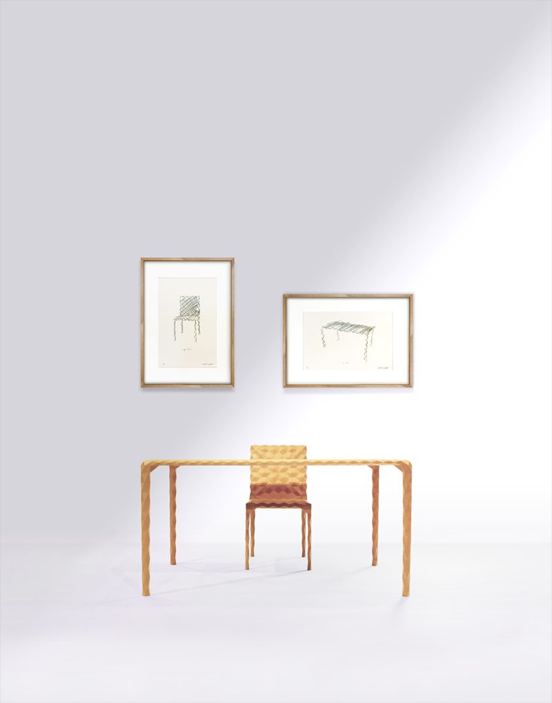 隈研吾デザインのtopo chairとtopo table、オリジナルスケッチ版画