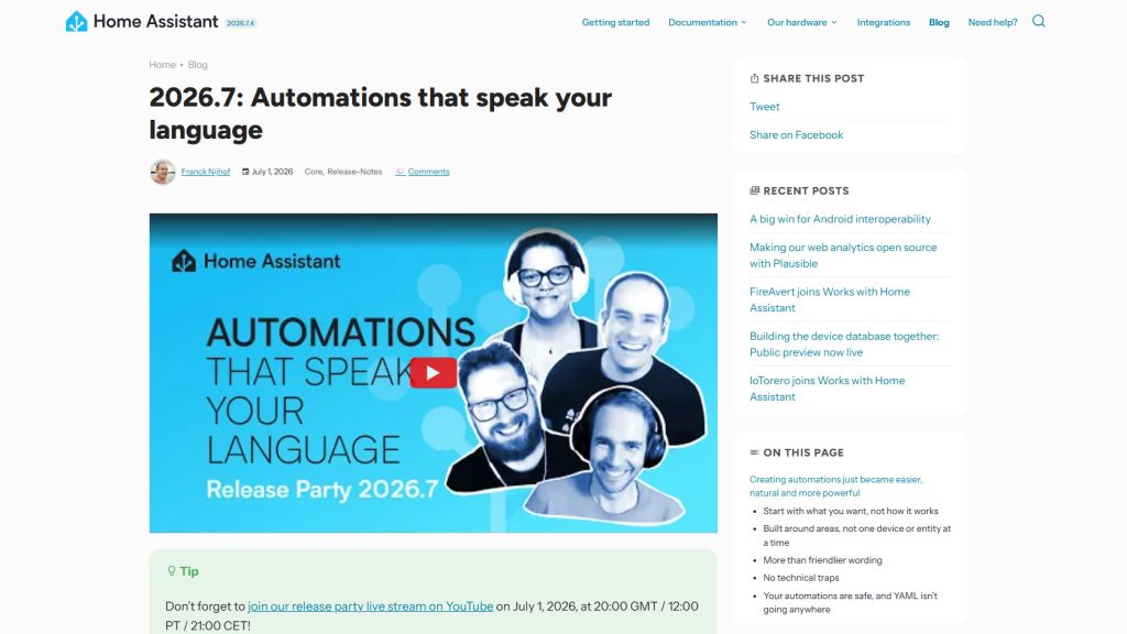 「Automations that speak your language」と題されたHome Assistant 2026.7公式リリースページ