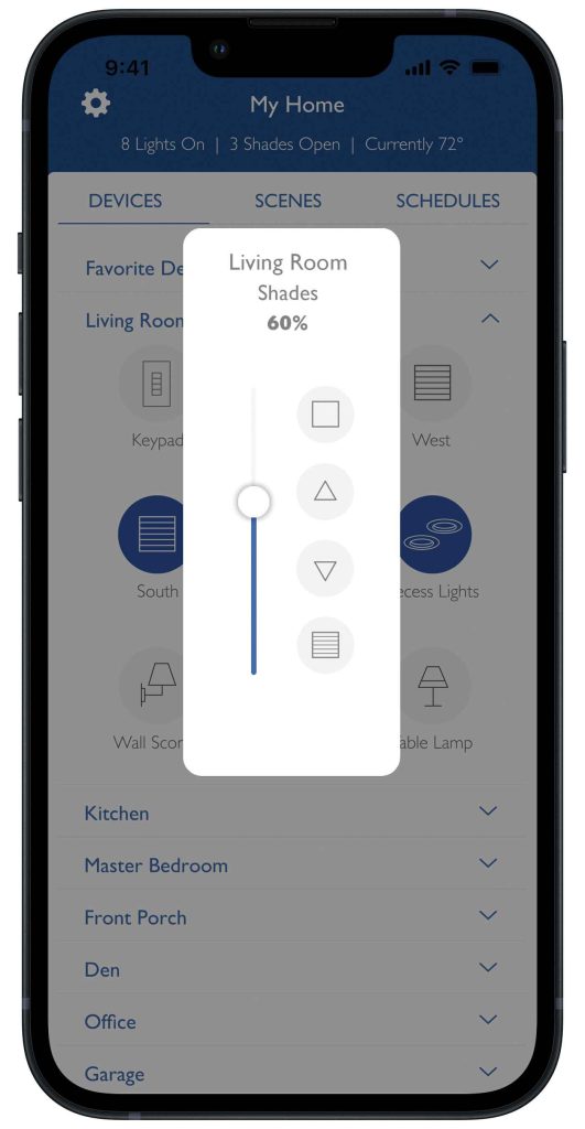 スマートフォンのLutronアプリでリビングのシェード開度を60％に調整する画面