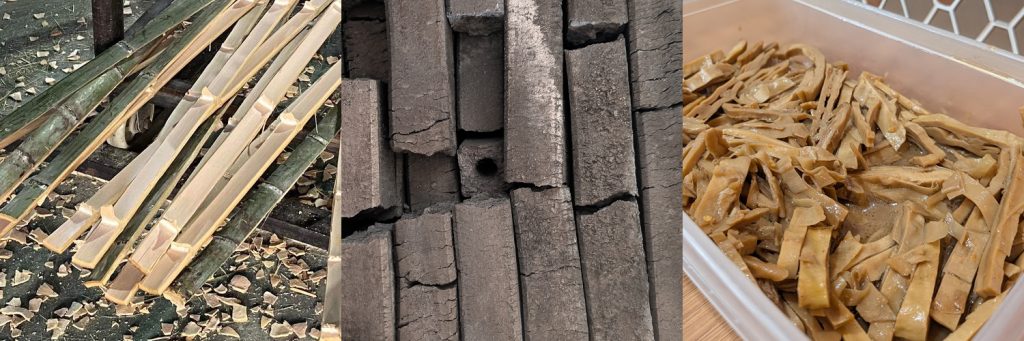 竹製品の端材と竹のオガ炭、間引き竹から製品化されたメンマ