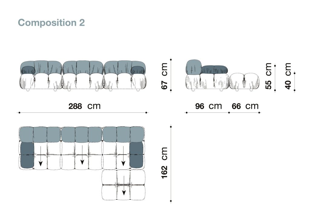 B&B Italia Camaleonda Exclusive Edition Composition 2、オットマンを組み合わせたL字構成図