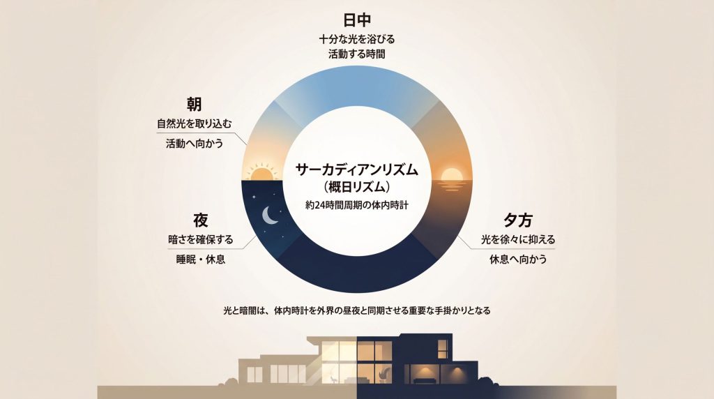 サーカディアンリズムと朝・日中・夕方・夜の光環境を示す24時間の概念図