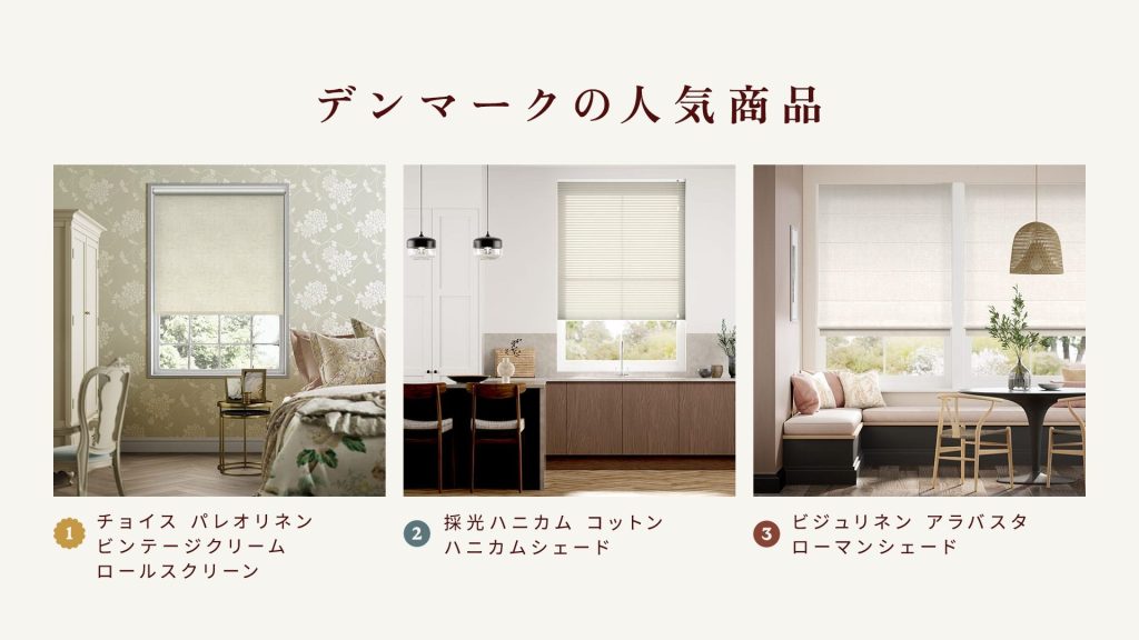 デンマークで人気のロールスクリーン、ハニカムシェード、ローマンシェード
